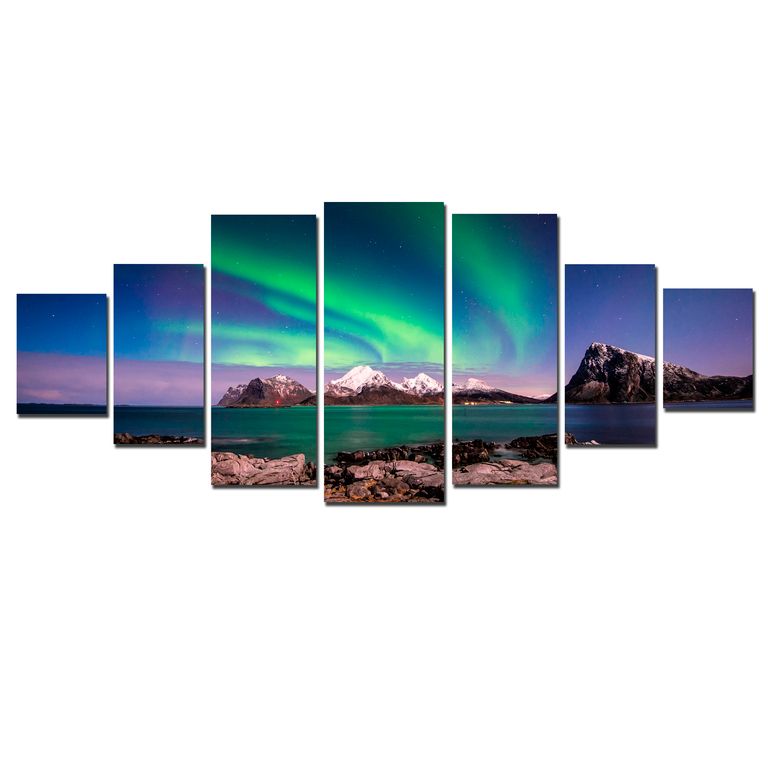 Tablou luminos in intuneric, Peisaj Aurora Boreala, DualView, 7 piese, 100×240 cm
