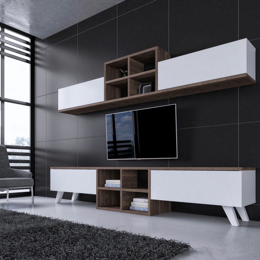 Seturi mobila living Mobila living alba / maro, Moderna, Comoda TV, Rafturi, Dulapuri