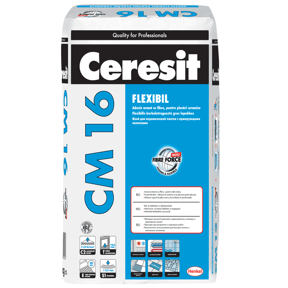 Adeziv flexibil pentru gresie si faianta Ceresit CM 16, interior/exterior, 25 kg