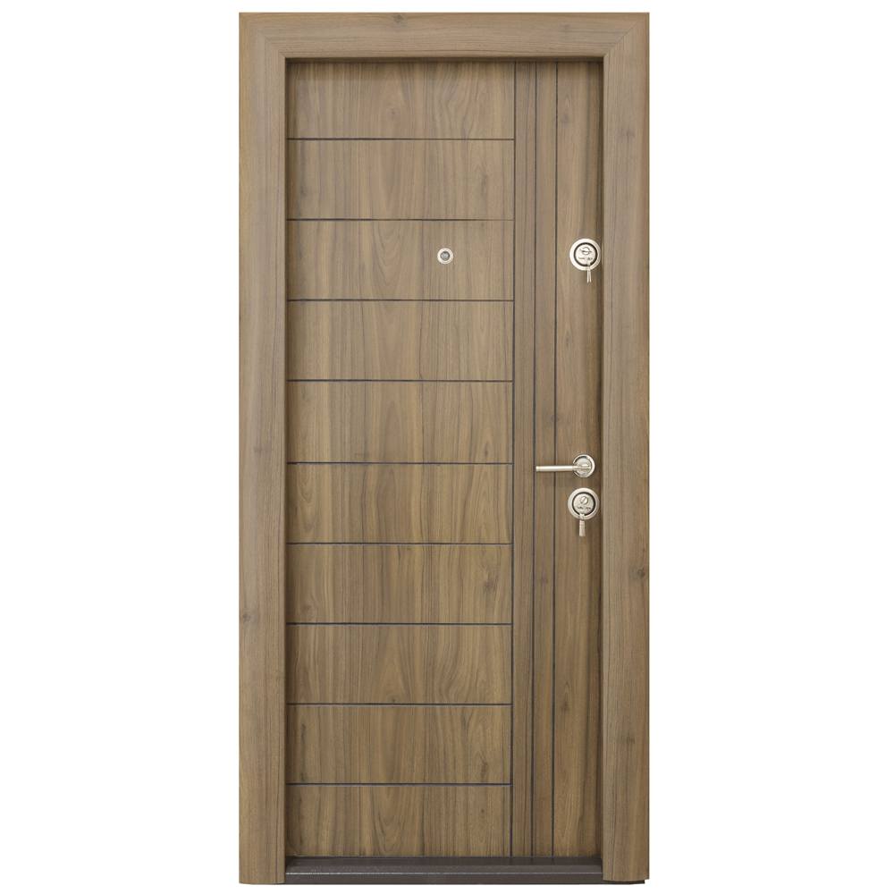 Usi de intrare apartament Usa metalica intrare Arta Door 309, cu fete din MDF laminat, 880 x 2010 mm, deschidere stanga, culoare nuc