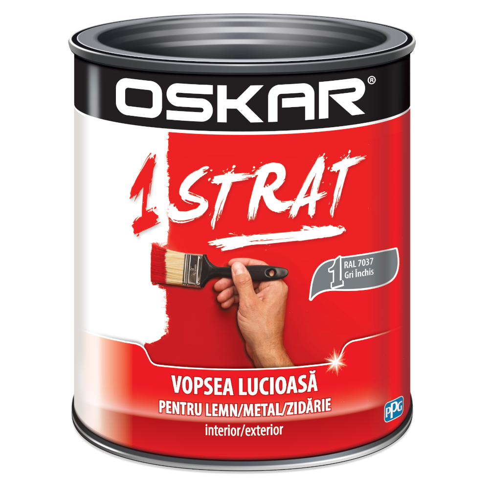 Vopsea pentru metal, lemn si zidarie Email Oskar 1 strat, interior/exterior, RAL 7037 gri inchis, 2.5 l