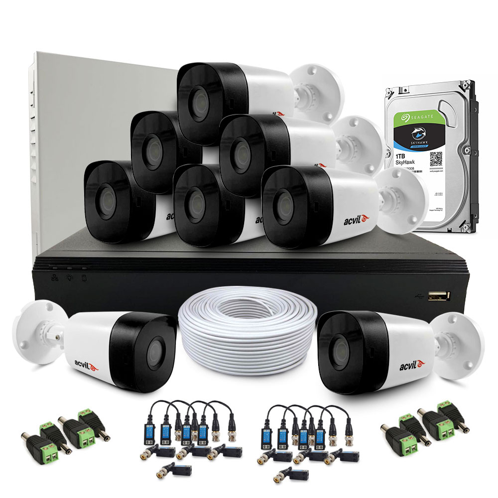 Sistem supraveghere exterior complet Acvil Pro ACV-CM8EXT20-5MP-V2, 8 camere, 5 MP, IR 20 m, 2.8 mm, audio prin coaxial