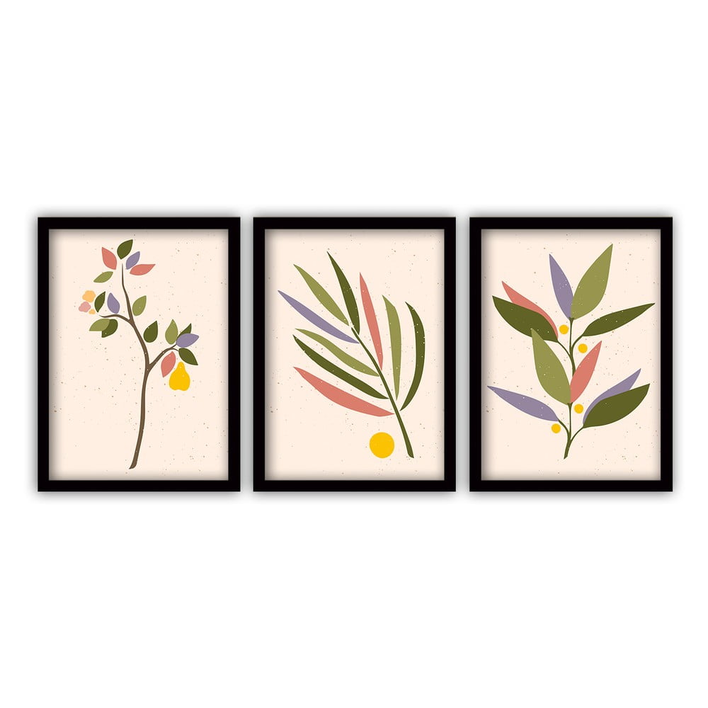 Set 3 tablouri cu rama neagra Vavien Artwork Leaves, 35 x 45 cm