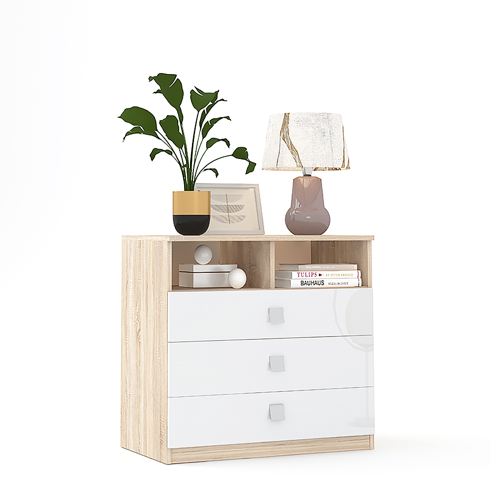 Comoda LINEA 3 sertare, Sonoma, Alb Gloss