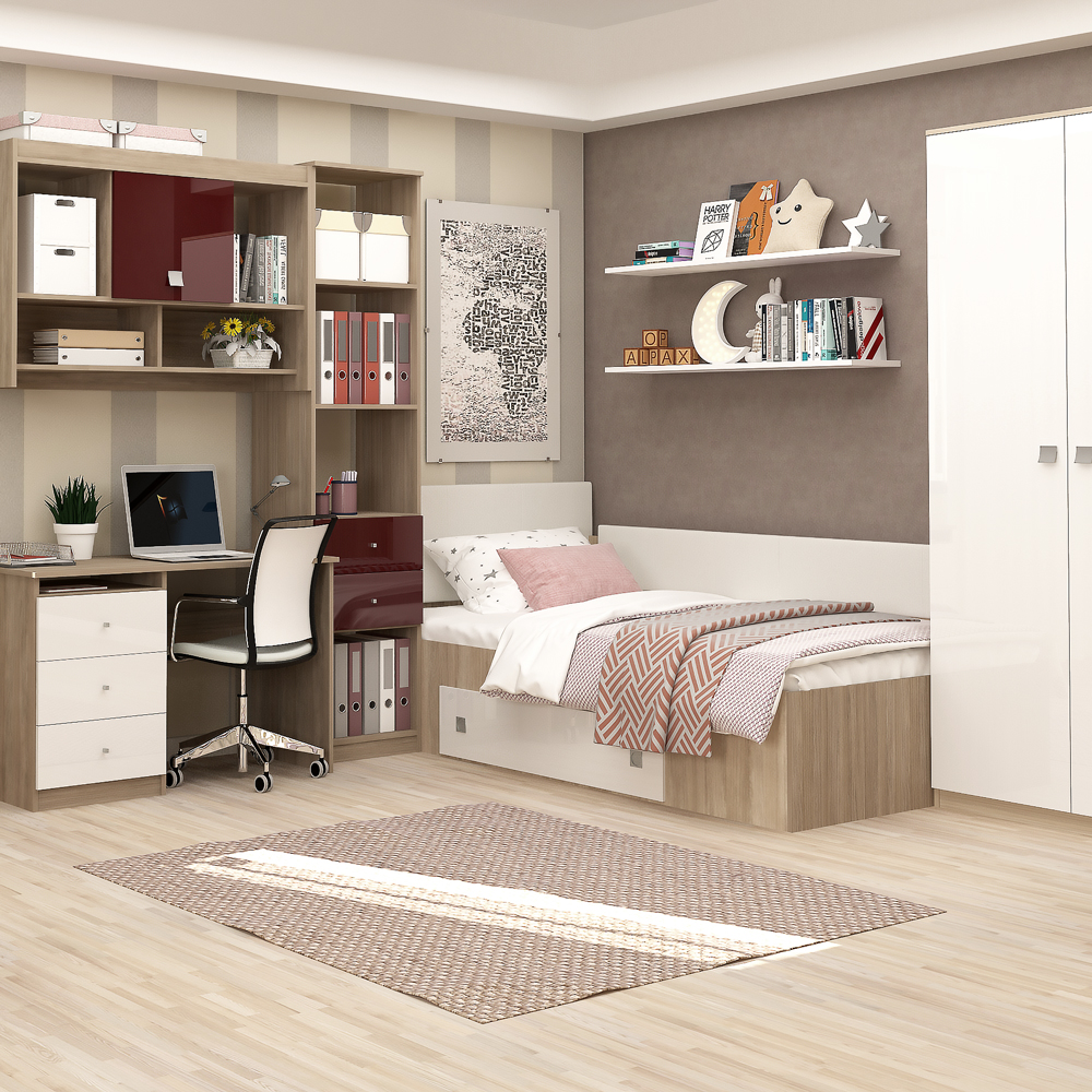 Set dormitor copii Dormitor copii MODUS 2, pat de colt, ansamblu birou, Oak, Alb, Bordo Gloss