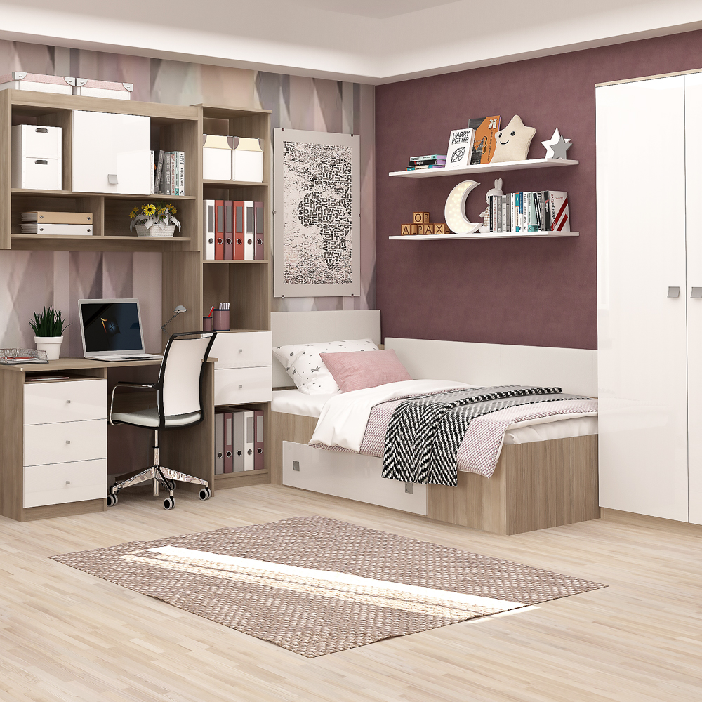 Set dormitor copii Dormitor copii MODUS 2, pat de colt, ansamblu birou, Oak, Alb Gloss