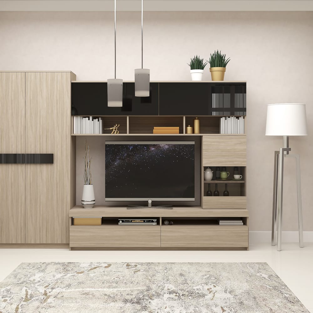 Set mobila living moderna Mobila living SYSTEM, compozitie A, 270 cm, Oak, MDF Negru Gloss