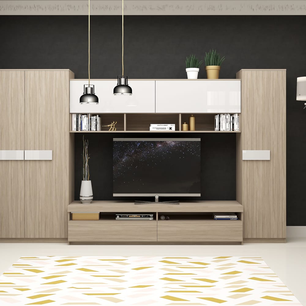Set mobila living moderna Mobila living SYSTEM, compozitie C, 315 cm, Oak, MDF Alb Gloss