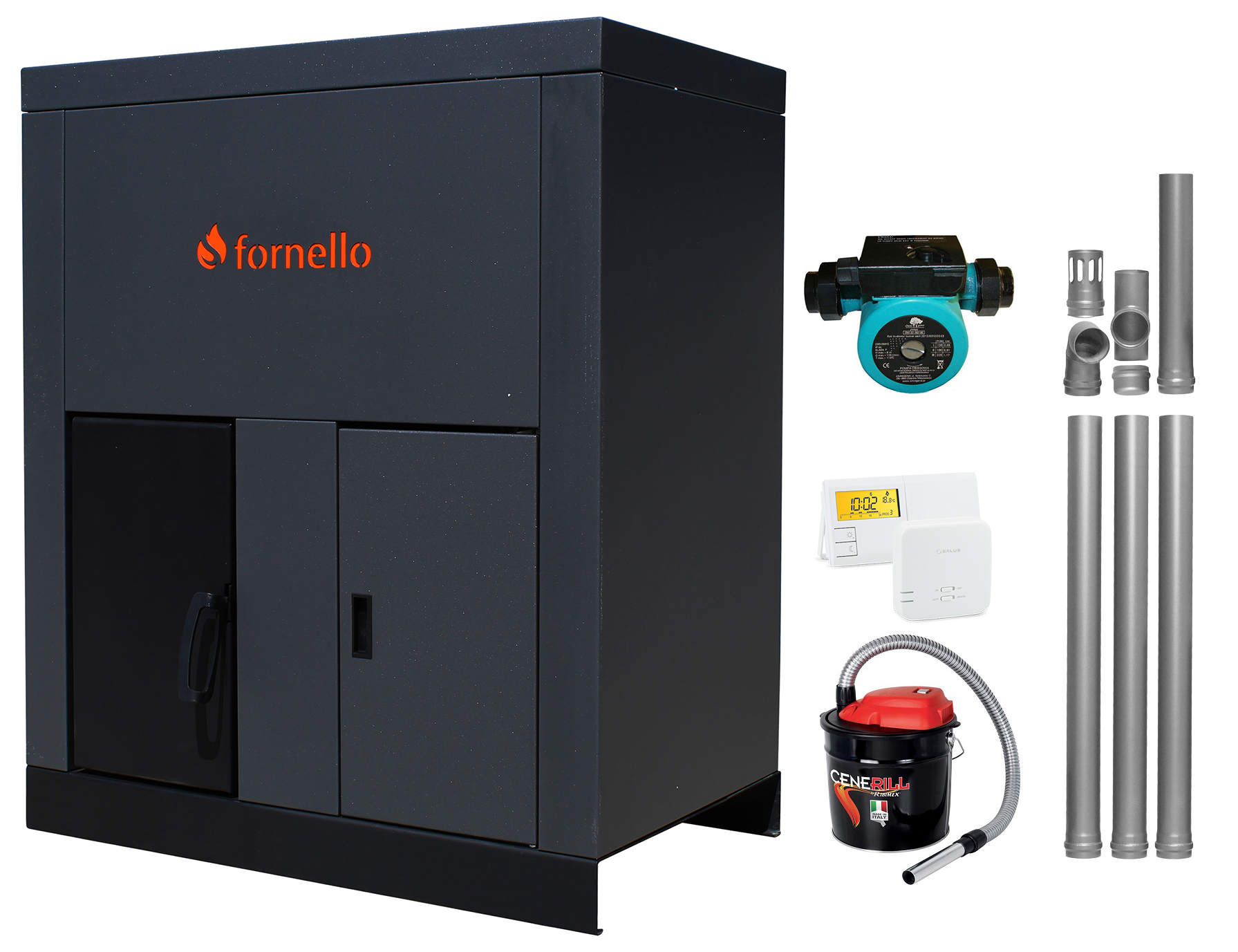Pachet Centrala pe peleti Fornello Eco Energy 35 kW, echipata cu automatizare, afisaj digital, arzator fonta, curatare mecania a drumurilor de fum, buncar pelet