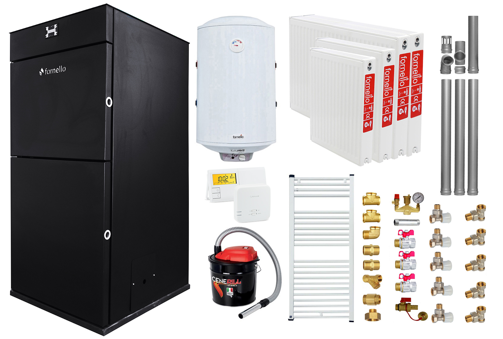 Pachet Centrala peleti Fornello Pellet King 25 kw, complet echipata, pompa circulatie, vas expansiune, automatizare, kit evacuare 3.5 ml, Boiler Termoelectric F