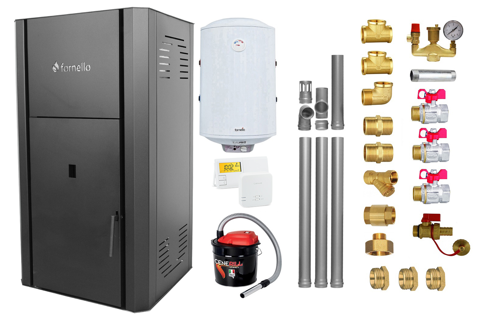 Pachet Centrala peleti Fornello Primo Pellet Black 30 kw, complet echipata pentru incalzire, pompa, vas expansiune, automatizare, kit evacuare 3.5 ml, Boiler Te