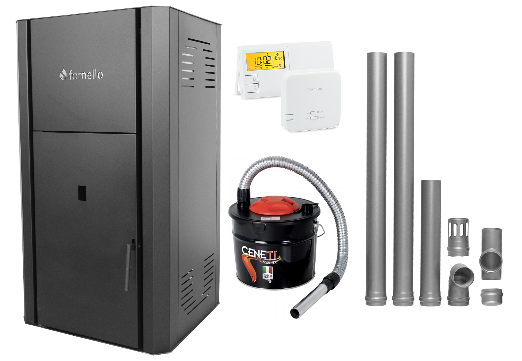 Pachet Centrala peleti Fornello Primo Pellet Black 25 kw, complet echipata pentru incalzire, pompa circulatie, vas expansiune, automatizare, kit evacuare 2.5 ml
