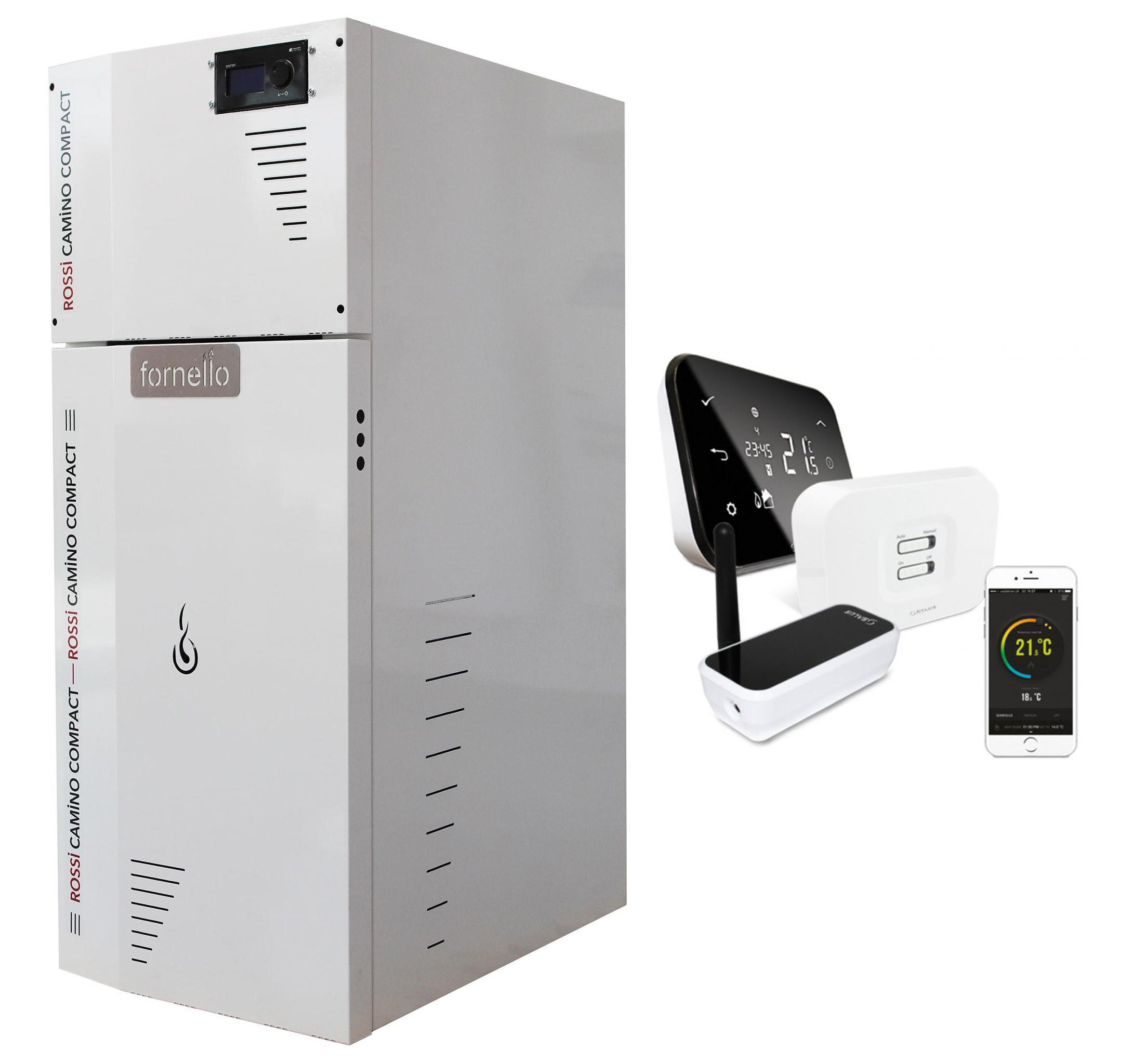 Pachet control de la distanta Centrala termica pe peleti Fornello Rossi Camino Compact 35 kw, pompa, vas expansiune, tiraj fortat, arzator inox si termostat Wi-