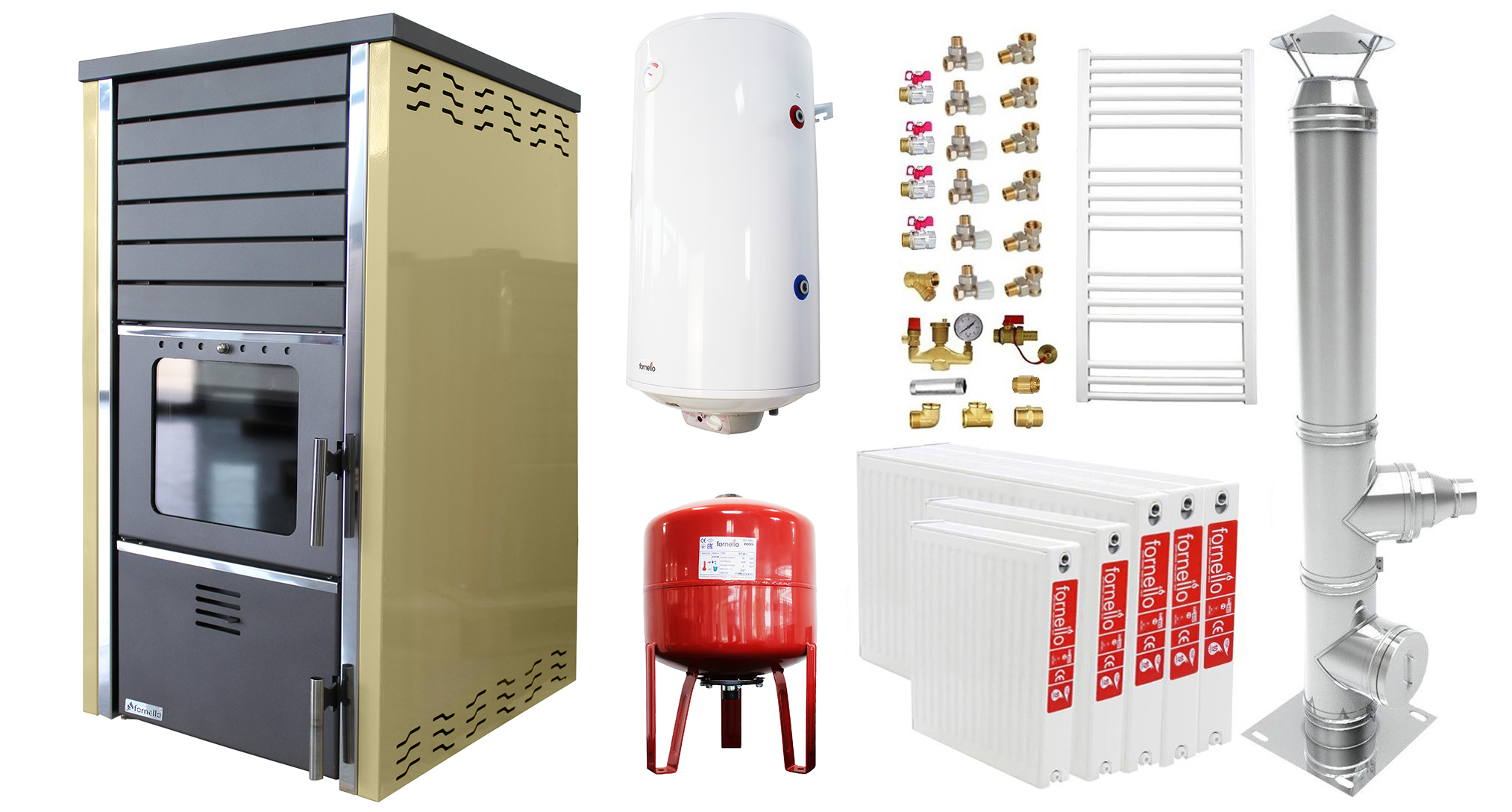 Pachet incalzire si apa calda 4 camere Termosemineu FORNELLO SUPERNOVA CREAM 38 KW pe combustibil solid ( lemn,carbune,bricheti ), echipat cu pompa de circulare