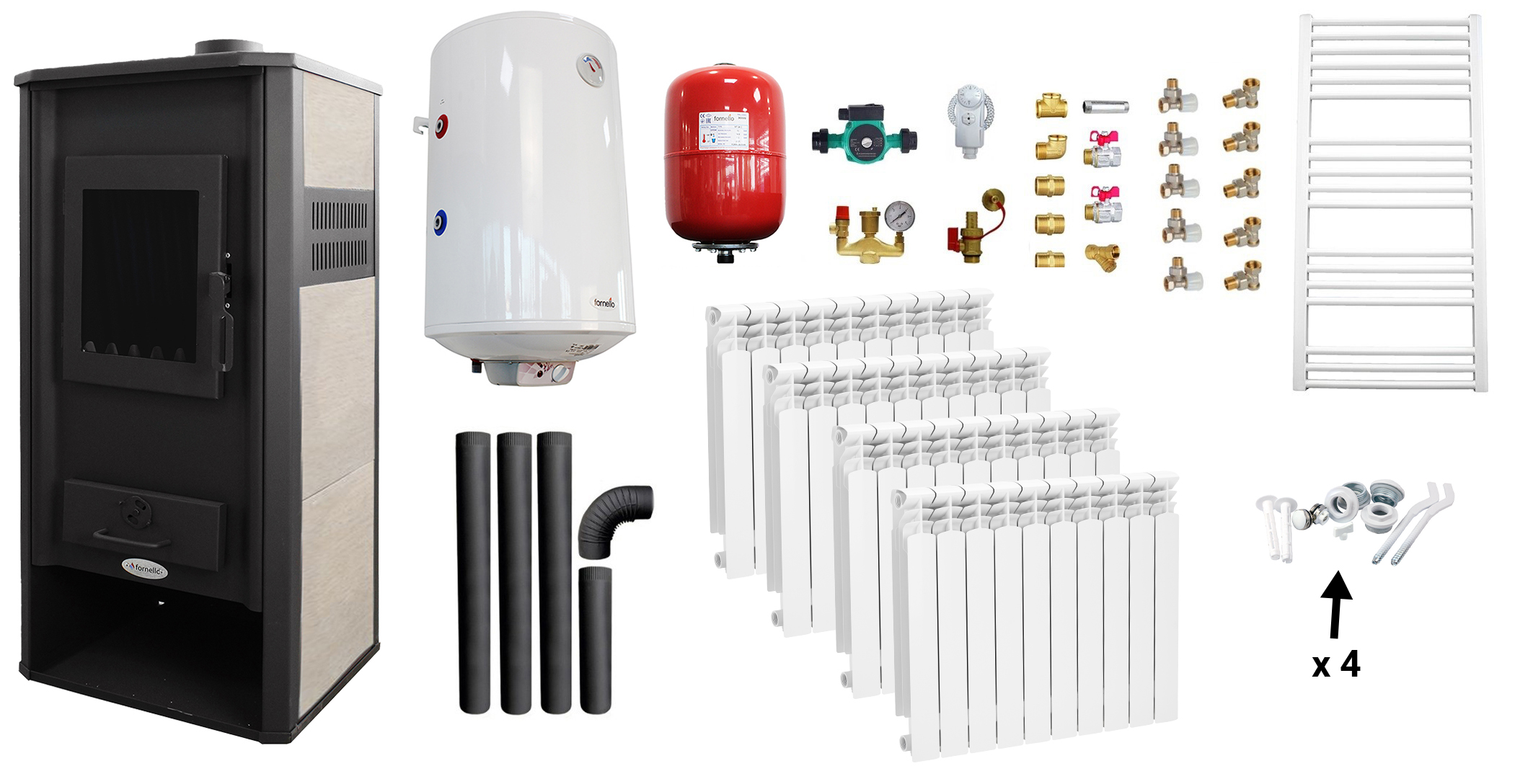 Pachet incalzire si apa calda Termosemineu pe lemne, brichete si carbune Fornello Roma E, Ivory, 22 kW, calorifere aluminiu, boiler termoelectric 100l, vas expa