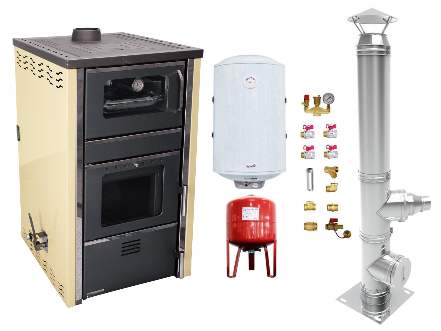Pachet Termosemineu FORNELLO AVANOS 32 kw Ivory pe combustibil solid ( lemn,carbune,bricheti ), boiler termoelectric 100l, vas expansiune, kit montaj si cos ino