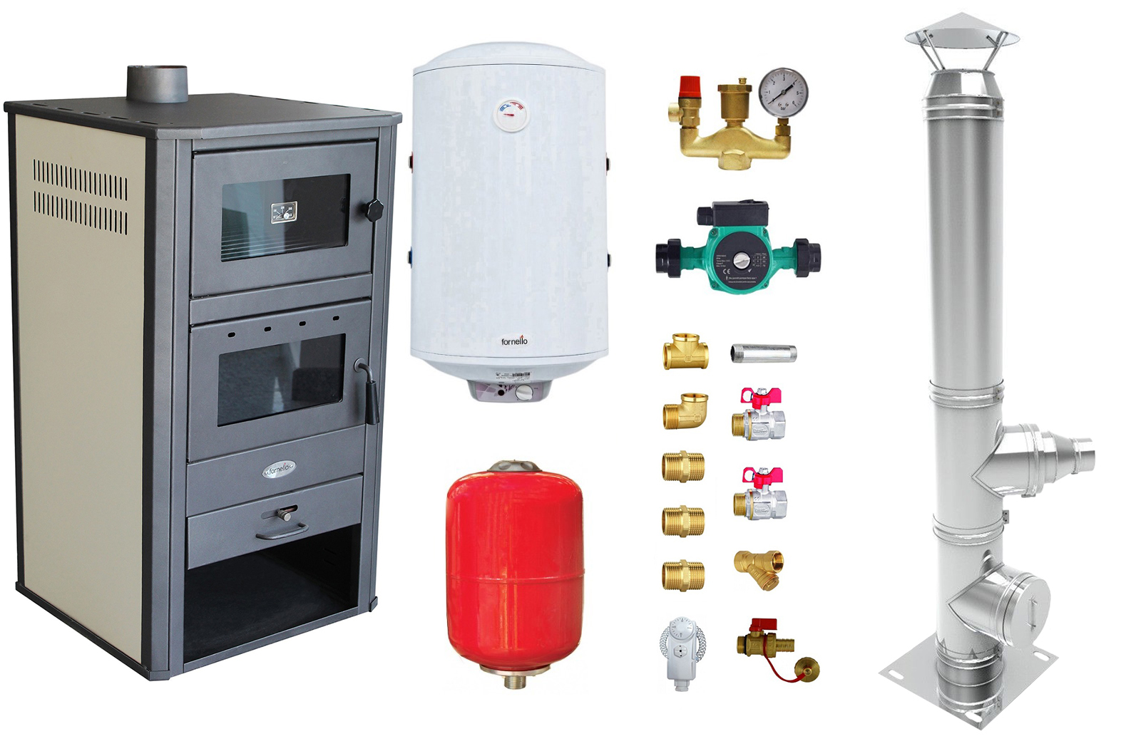 Pachet Termosemineu pe lemne, brichete si carbune Fornello BRM E, 24 KW, cuptor, Ivory, 450x490x1030 mm, cos inox, boiler termoelectric 100l, vas expansiune, po