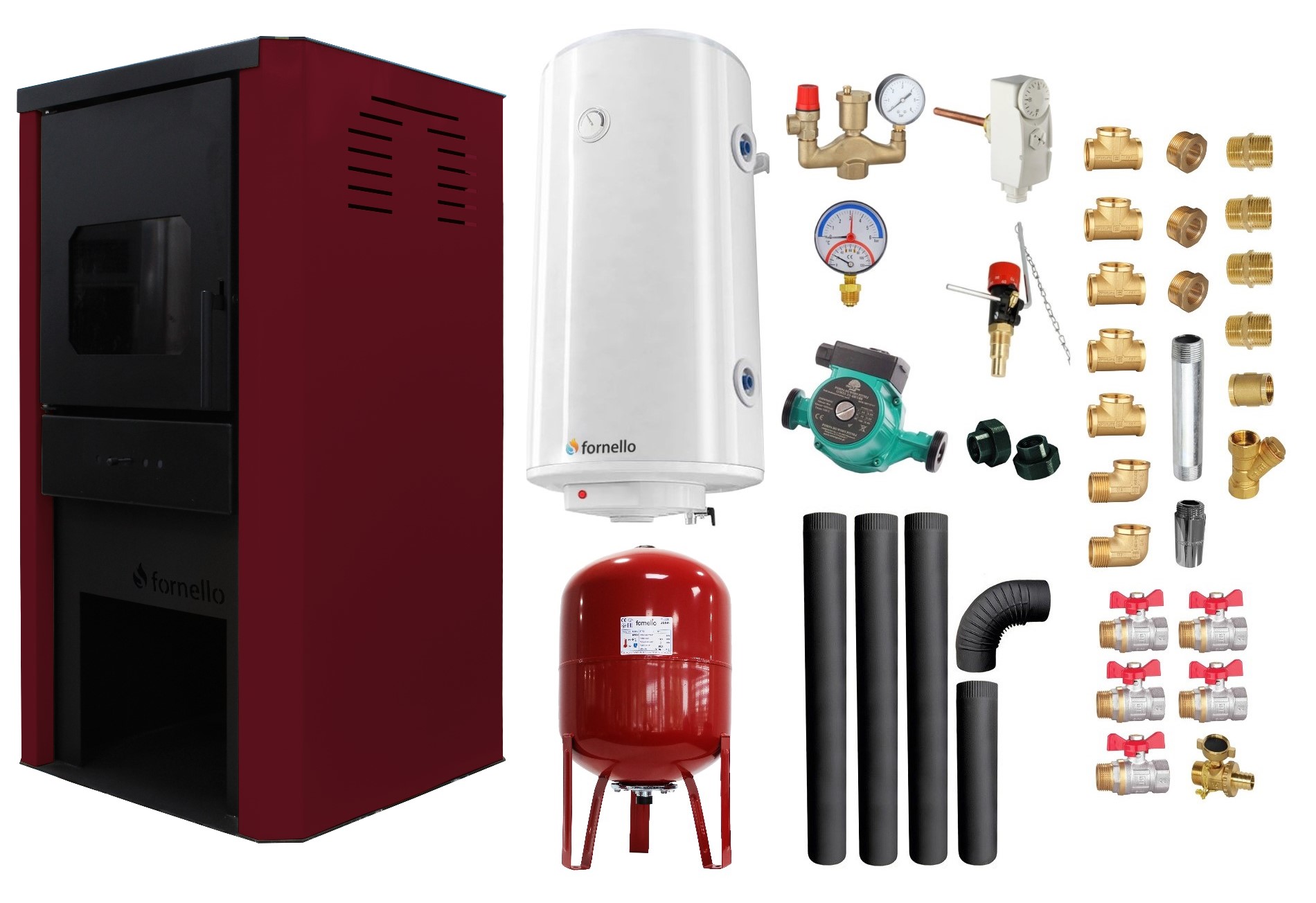 Pachet Termosemineu pe lemne, brichete si carbune Fornello Monza Bordeaux 27 kW, Boiler Termoelectric, Vas Expansune, Pompa, Kit evacuare si Fitinguri Montaj