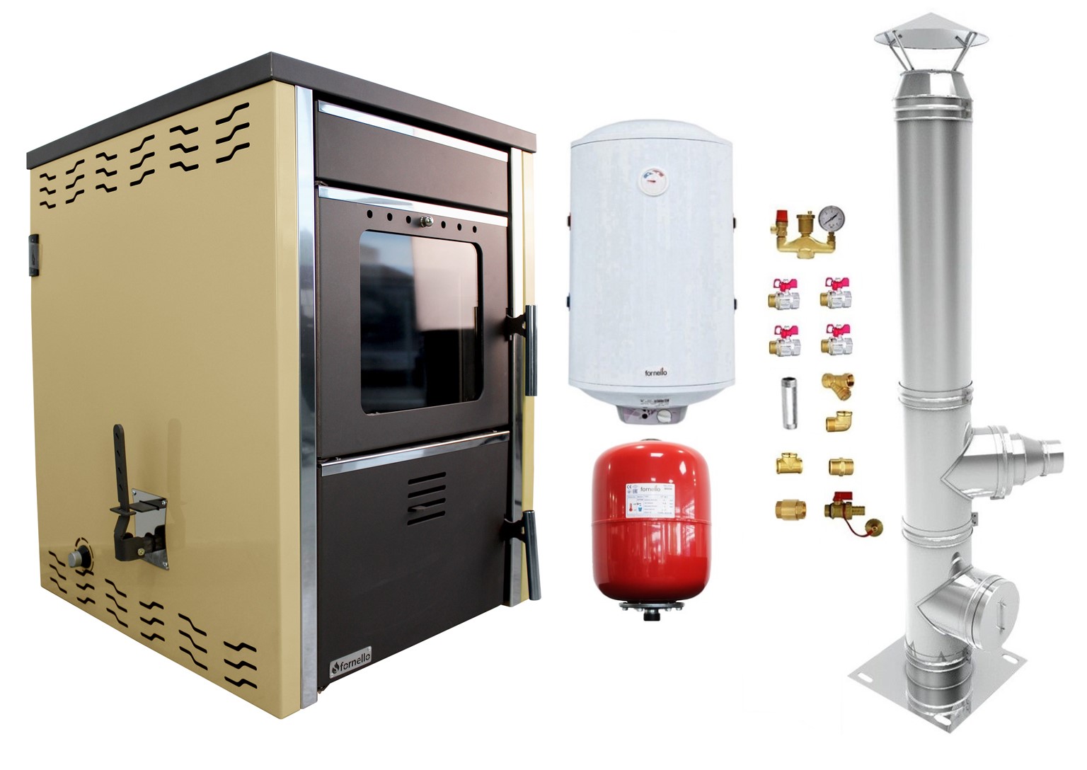 Pachet Termosemineu pe lemne FORNELLO TOROS 29 kw Ivory pe combustibil solid ( lemn,carbune,bricheti ), boiler termoelectric 100l, vas expansiune, kit montaj si
