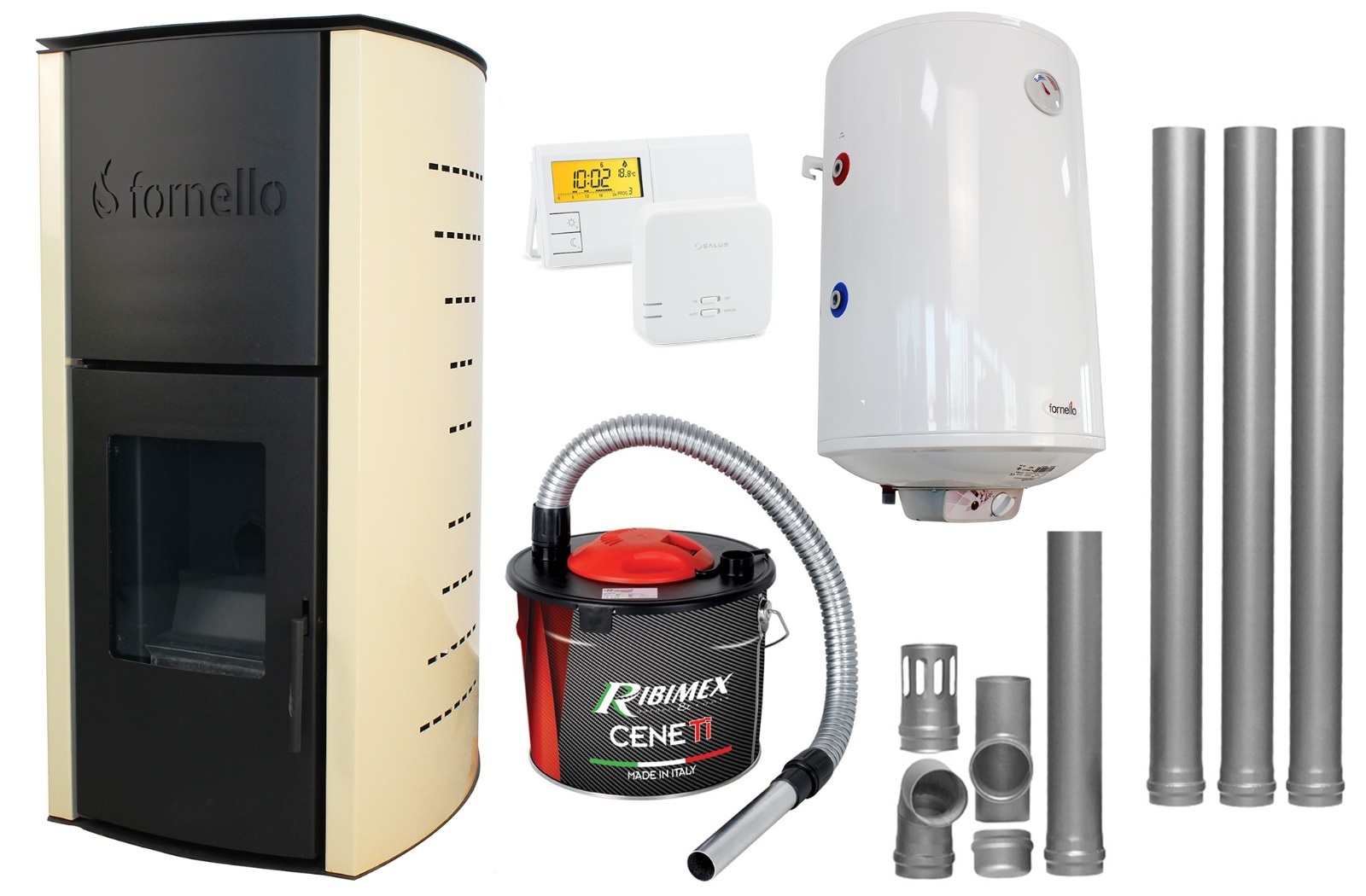 Pachet Termosemineu pe peleti Fornello Michelle 12 kW, echipat cu pompa, vas expansiune, automatizare, Boiler, kit evacuare 3.5 ml, Aspirator Cenusa si Termosta