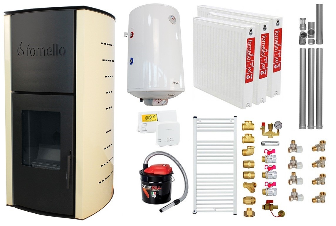 Termoseminee Pachet Termosemineu pe peleti Fornello Michelle 12 kW, echipat cu pompa, teava hidronix, vas expansiune, automatizare, Boiler, kit evacuare 3.5 ml,