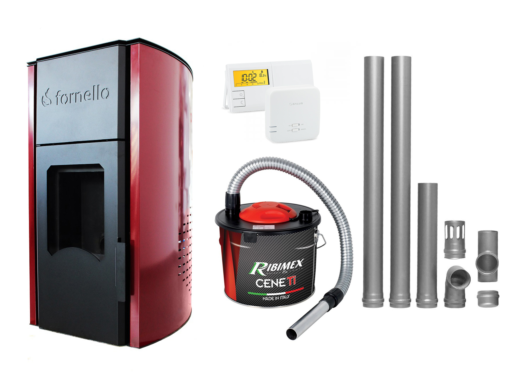 Pachet Termosemineu pe peleti Fornello Royal Bordeaux 25 kW, complet echipat cu pompa, vas expansiune, automatizare, culoare grena, kit evacuare 2.5 ml, Termost