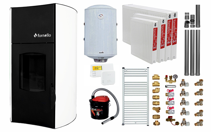 Pachet Termosemineu peleti Fornello Fiama Bianco 25 kw, complet echipat, pompa circulatie, teava hidronix, vas expansiune, automatizare, kit evacuare 3.5 ml, Bo
