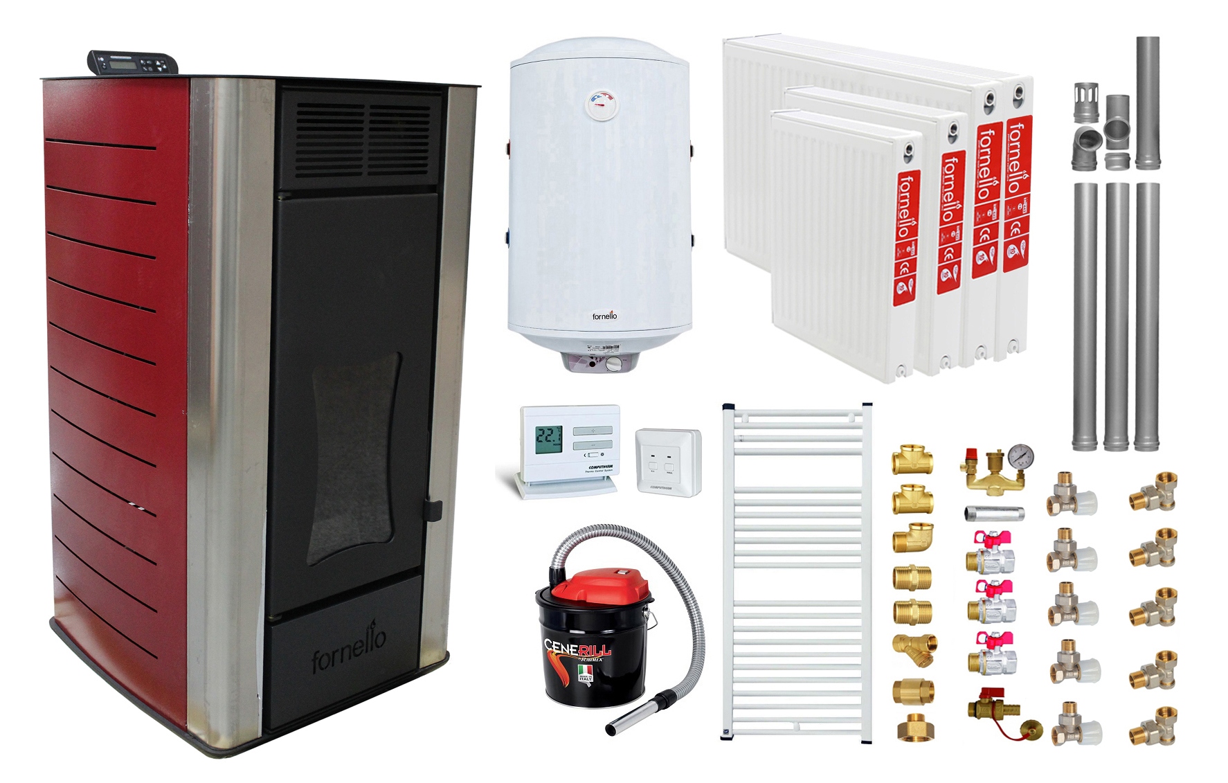 Pachet Termosemineu peleti Fornello Premium W22, 22 kw, Bordeaux, complet echipat, pompa circulatie, vas expansiune, automatizare, kit evacuare 3.5 ml, Boiler T