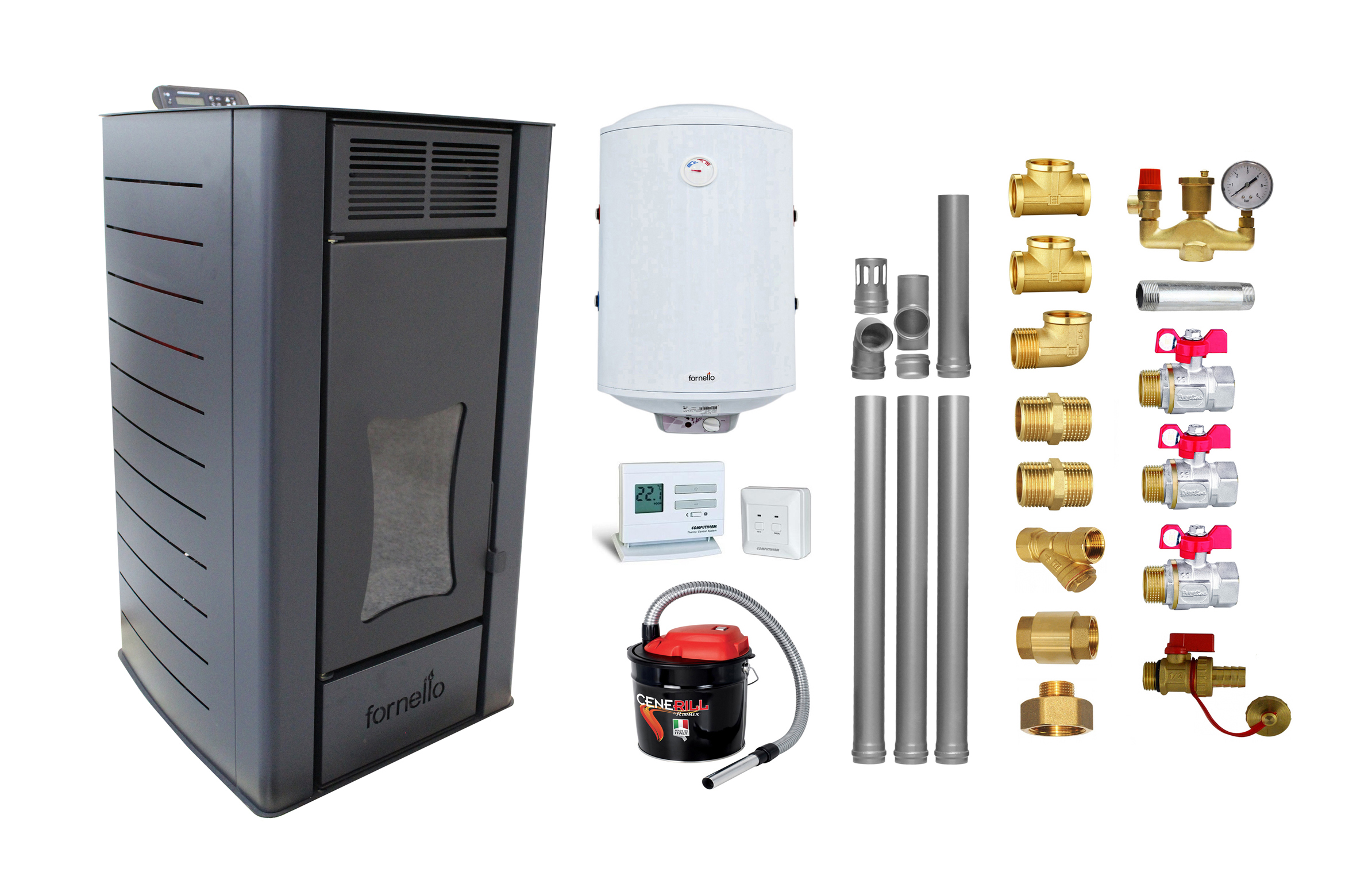 Termoseminee Pachet Termosemineu peleti Fornello Premium W22, 22 kw, culoare Black, complet echipat, pompa circulatie, vas expansiune, automatizare, kit evacuar