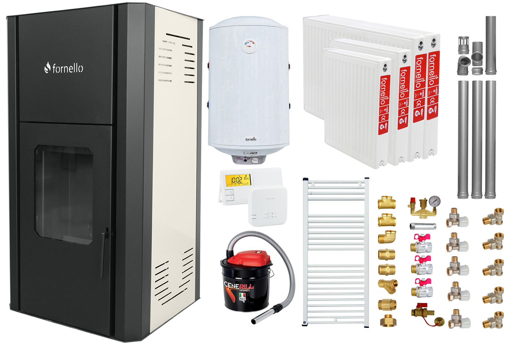 Termoseminee Pachet Termosemineu peleti Fornello Primo Pellet 25 kw, complet echipat, pompa circulatie, vas expansiune, automatizare, kit evacuare 3.5 ml, Boile
